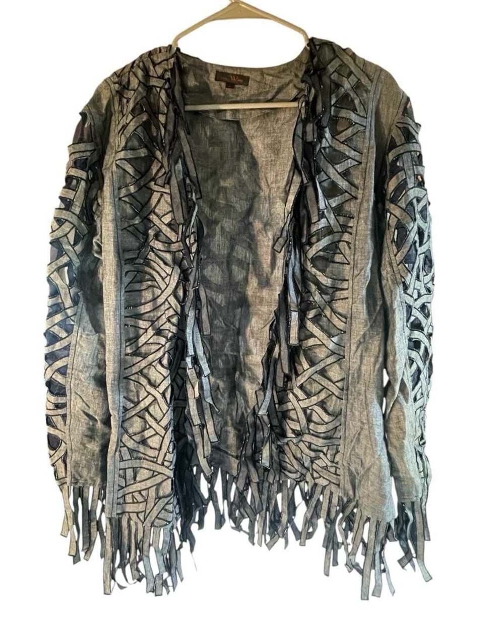 Way Grey Faux Leather Trim Cut-Out Fringe Open Front Jacket